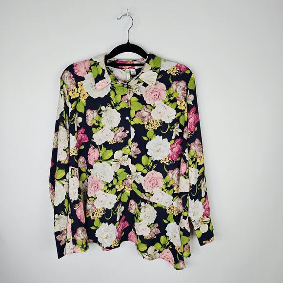 Cato Women’s XLP Floral Button Up Blouse Asymmetrical Hem Long Sleeve Career Top - Picture 2 of 13